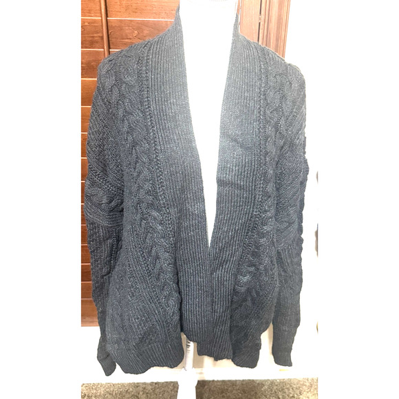 Gap Gray Cardigan Sweater Womens L Cable Knit Wool Alpaca blend chunky open - Picture 1 of 7